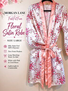 Morgan Lane FabFitFun Floral Satin Robe Pink Rose Print Belted Lounge Robe S. L.